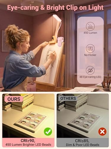 Pink Lamp,9 Brightness+5 Color Clip on Light,48 LED Desk Lamp Reading Light — view 5