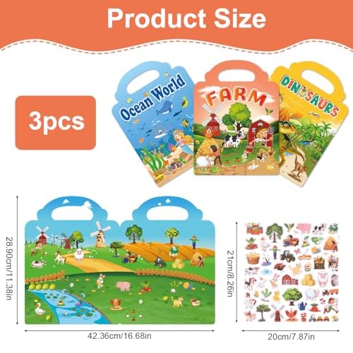 Lotnery Reusable Sticker Books for Toddlers 2-4 Years, 3-Pack Dinosaur Ocean & Farm Jelly Activity Stickers, Large Stickers for Little Hands, Travel Activities Quiet Play Essential Educational Toy Gif — view 2