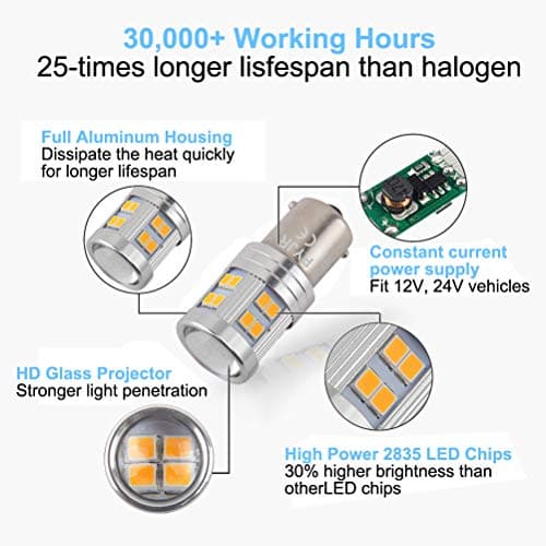 1156 Ba15S 1141 P21W Amber Yellow Orange Led Bulbs, With Projector Extremely Bright 6W Dc 10-30V, For Backup, Reverse Lights, DRL Daytime, Rear fog light, Not used for turn signal(Pack Of 2) — view 3