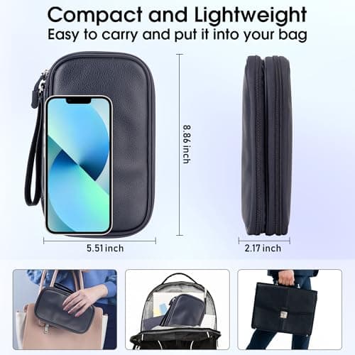 Arae PU Leather Cable Organizer Double Layer Travel Pouch, M Dark Blue — view 3