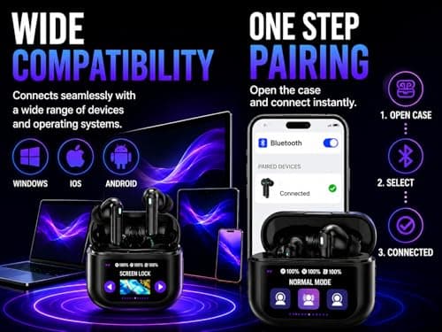 wowtravel Wireless Earbuds Bluetooth 5.4 Noise Cancelling In Ear Headphones Smart Touch Screen LED Case 48H Playtime HiFi Stereo 5 EQ Modes IPX7 Waterproof Premium Earbuds Black — view 3