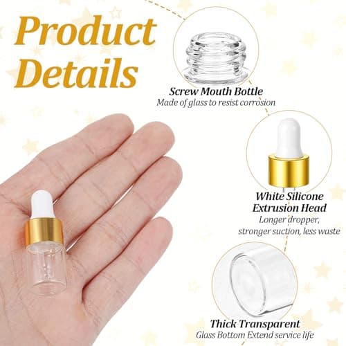 Sibba 20 Pcs Mini Dropper Bottle, 2ml Small Sample Bottle Empty Essential Oil Bottles with Gold Cap, Travel Empty Vails for Cuticle Oil Essential Oils Perfume — view 3