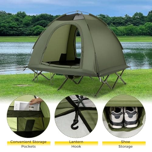 COSTWAY 2 Person Foldable Camping Tent, Elevated Tent Cot with Camping Bed, Waterproof Rainfly, 2 Mesh Doors and Wheeled Bag, Portable Outdoor Dome Tent (Round, 194 x 145 x 150 cm) — view 5