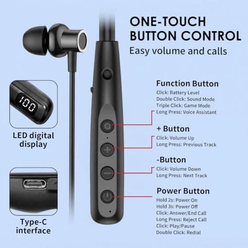 Bluetooth Neckband Headphones 5.3, 100H Playtime, IPX6 Sweatproof, with Mic — view 2