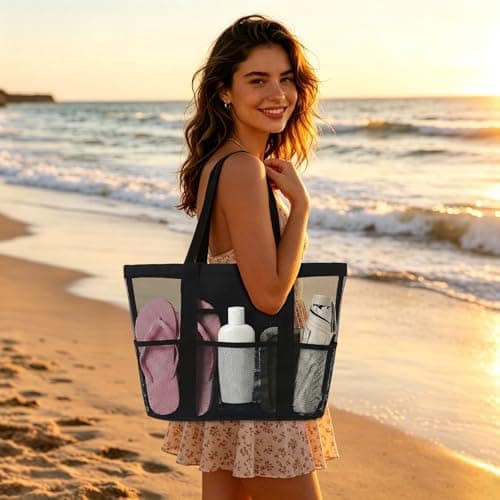 flintronic Women's Mesh Beach Bag, Large Tote Bag, Lightweight Pool Bag with 8 Pockets, Foldable Travel Bag for Swimming, Picnic, Gym, Shopping and Daily Use (44×34×12cm) — view 2