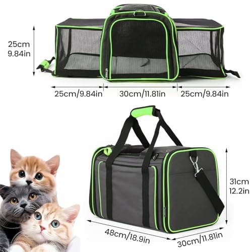 Soft Sided Portable Cat Carrier with Extendable Space & Fleece Bed Foldable Pet Carrier for Cats/Small Dog/Bunnies With Adjustable Shoulder Strap & Removable Mat (Green) — view 2
