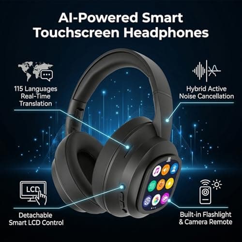 Tonysa AI Translation Headphones Wireless Bluetooth 6.0 with LCD Touchscreen 2-Way Translation in 115 Languages ANC Noise Cancelling for Travel Business Daily Use — view 2