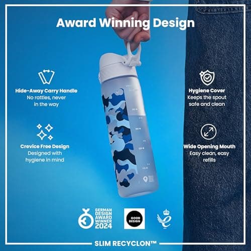 ION8 Water Bottle, 500ml/18oz, Slim Leak Proof & BPA-Free Drinking Bottle, Secure Lock Prevents Spills, Dishwasher Safe, Carry Handle, Ideal for Adults & Kids - Travel, Gym & School, Camouflage Design — view 6