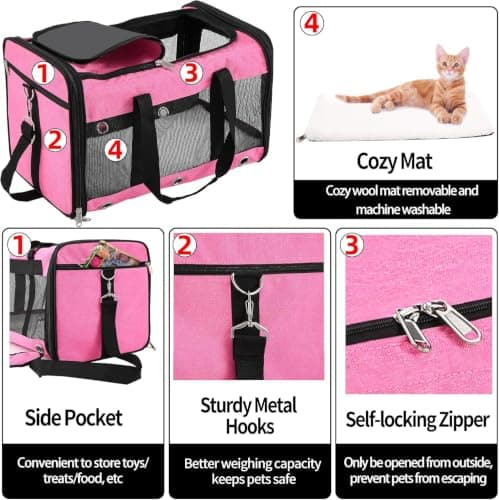 Soft Sided Foldable Cat/Dog/Pet Carrier Bag, Portable Puppy/Pets Travel Carriers For Cats/Dogs With Shoulder Strap & Removable Mat, Durable Basket of 25 lbs - Pink, L — view 2
