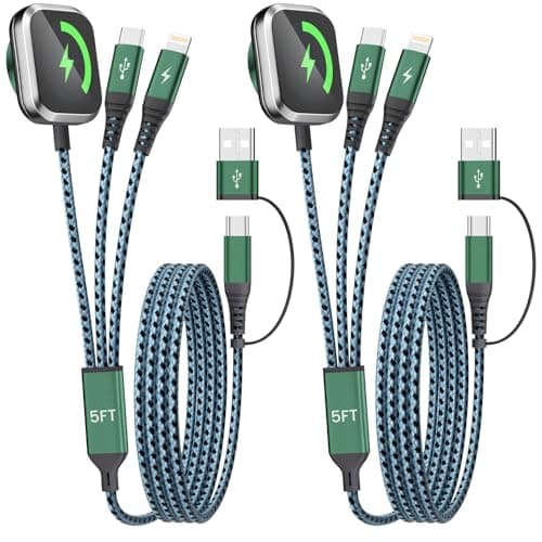 Travel Essentials for iPhone iWatch Charger 3 in 2 USB Cable, 2Pack 5FT