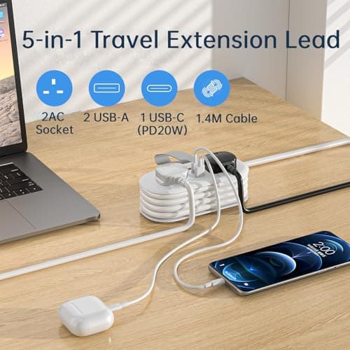 HITRENDS Travel Extension Lead with USB Slots, PD 20W USB C Fast Charger, 2 Plug Power Strip with 3 USB Ports (13A 3250W), Rollable Extension Cord 1.4M for Travel Office Home Camping — view 2