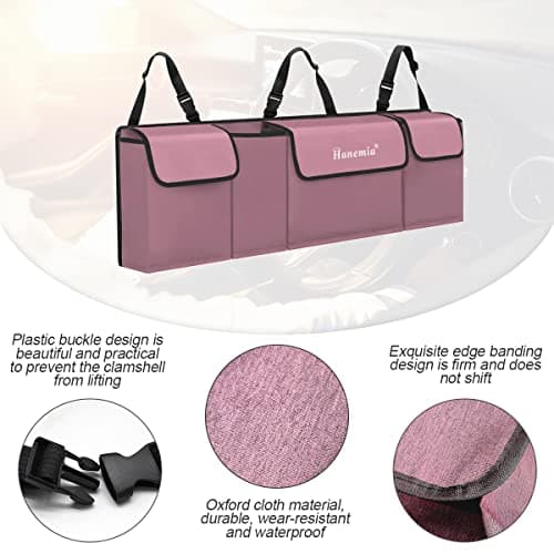 Hanemia Car Trunk Organizer, Backseat Hanging Storage with 4 Large Pockets, Collapsible Cargo Bag with Adjustable Straps Frees Trunk Floor, Sturdy Space Saving Expert for SUV, Truck, Van (Pink) — view 3