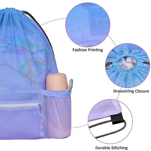 Mesh Drawstring Bag with Zipper Pocket, Beach Bag for Swimming Gear Backpack Gym Storage Bag for Adult Kids — view 2