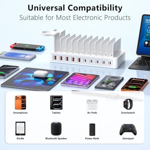 USB Charging Station 100W, 10 Port Multiport Phone Charger Station, Phone Charging Station With 10 Charging Cables and a Watch Holder, Desktop Charger for Smartphones, Tablets, and Other USB Devices — view 2