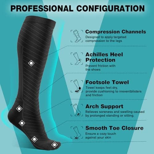 SONORAN 2 Pairs Compression Socks for Women & Men 20-30 mmHg Flight Compression Stockings Knee High Best Support for Running, Flying, Sports S/M (Black) — view 4