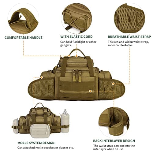 Huntvp Tactical Waist Bag Molle Fanny Pack Bumbag Assault Sling Shoulder EDC Bag Carry-on Bag Handbag for Working Camping Hiking Outdoors Activities Brown — view 6