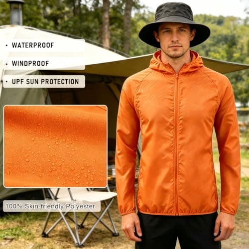 ADUDVLO Men's Lightweight Waterproof Jacket with Pockets, Packable Hooded Windproof Rain Jacket for Travel, Running & Hiking – Includes Carry Pouch (UK, Alpha, XS, Regular, Regular, Orange) — view 4