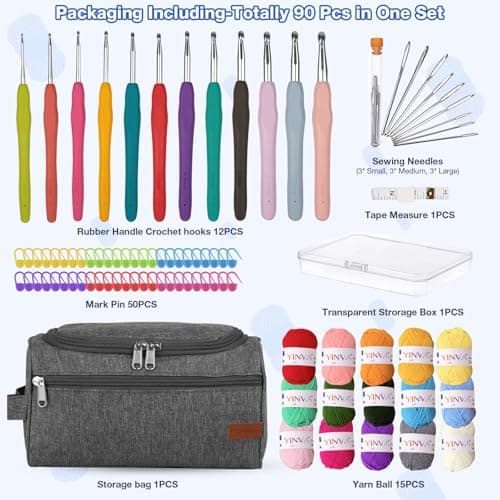 YINVA Crochet Kits for Beginners Adults Crochet Kit 15Pcsx25g Crochet Yarns Ergonomic Metal Crochet Hooks 2mm-8mm Knitting Accessories Tools Storage Case Needles Crochet Starter Kit-Grey — view 5