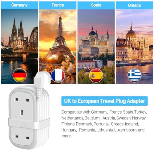 UK to European Plug Adapter with 1.5M Extension Cable, BEVA 2 Way 3 USB (2A+1C) Travel Adapter with Retractable USB C Cable for Germany France Spain Turkey Greece Iceland etc (Type E/F) — view 5