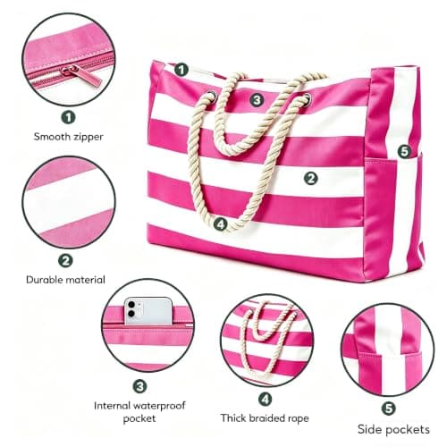 LPVVPEZ Large Beach Bag for Women with Zip, Waterproof Foldable Tote, Extra Big Swimming Pool & Gym Bag with Rope Handle for Travel, Shopping, Picnic（Pink） — view 3