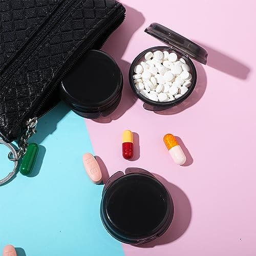 WLLHYF Small Pill Box, Cute Pill Case Portable for Pocket Purse Daily Round Mini Pill Organizer Travel Pill Case Medicine Storage Container Earplug Case 4 Pack (4pcs-black) — view 2