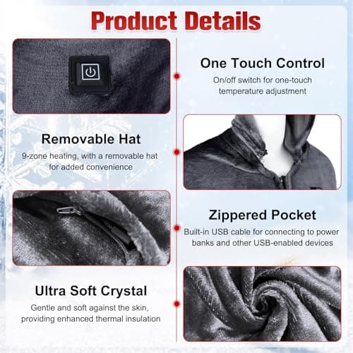 USB Heated Shawl Blanket, 150 * 80cm Heated Blanket Electric Throw, Wearable Heated Wrap with 3 Temperature Settings, 9 Heating Zones, Soft Flannel Heated Blanket Throw, for Home Office Travel — view 4