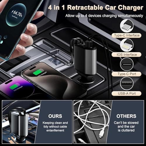 Retractable Car Charger, 5-in-1 120W Super Fast Car Charger Adapter with Retractable Cables and Voltage Display 12V Car USB Adapter Cigarette Lighter USB Charger Compatible with iPhone, Android, Broke — view 5
