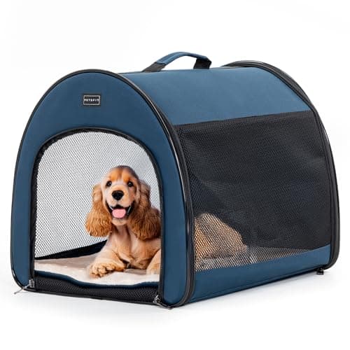 PETSFIT Collapsible Dog Crate, Dog Travel Crate - 26.5 Inch Lightweight, Roomy, Easy to Set Up, Portable Pop Up Dog Carrier with Thick Mat, Sturdy Soft Sided Dog Crate, Navy Blue