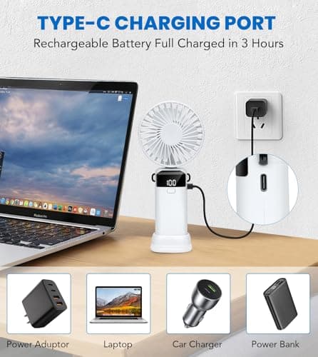 Handheld Fan, 19H Portable USB Hand Held Fans Rechargeable with 5 Speeds, Power Display, Battery Operated Desk Fan, Small Personal Fan with Base, Hanging Rope, Suit for Home Office Travel Essentials — view 3