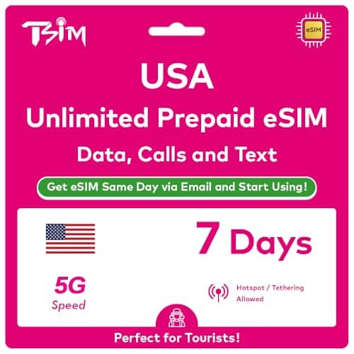 USA eSIM 7 Days. Unlimited High-Speed Data, Local Calls & Texts in USA (Hawaii Included). No Need to Wait for Package!. Get eSIM Same Day via Email and Start Using Immediately !