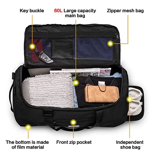 Lyweem Travel Duffel Bag for Men, 60L Large Sports Duffle Bag Backpack for Women Weekender Overnight Holdall Bags with Shoes Compartment Multifunctional Gym Bags, Black — view 3
