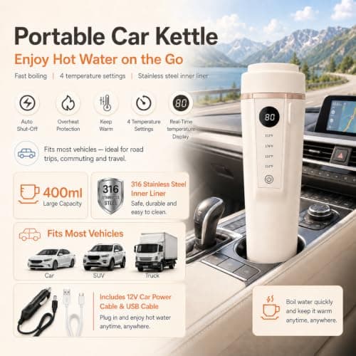 Car Travel Electric Kettle,400ml Heating Mug,12V-24V,316 Stainless Liner — view 3