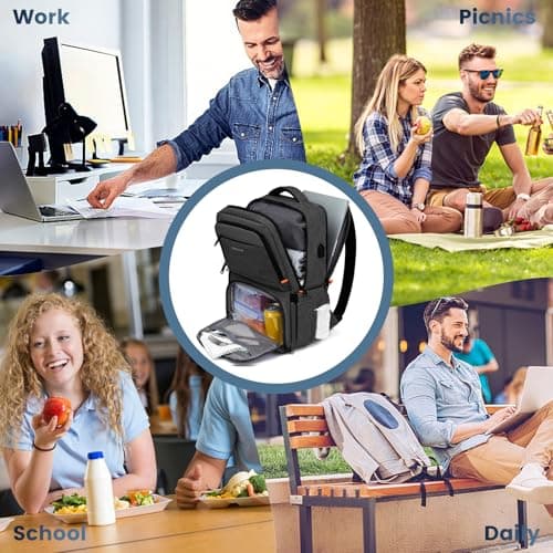 RUCYEN Lunch Backpack, Insulated Cooler Lunch Box for Men Women, 15.6 Inches RFID Blocking Laptop Backpack with USB Port Lunch Bag for Work Travel Black — view 6
