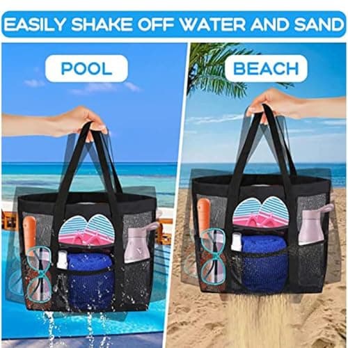 HUSHRICH Mesh Beach Bag Lightweight Large Tote Bag Sand Free, 10 Pockets Handheld Beach Hollow Mesh Bags Black Large Capacity Shoulder Beachs Bags Pool Vacation — view 6