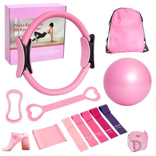 Home Pilates Essentials Kit for Women, with 5 Resistance Bands - Pink Magic Circle Pilates Kit for Home Toning, Includes Yoga Ball, Stretch Strap & Gym Bag (13-Piece Complete Starter Set) (Pink)