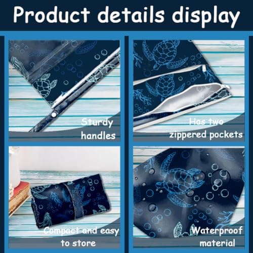 SUPERDANT Sea Turtle Waterproof Wet Bag Large Capacity Foldable Dry Pouch Navy Blue Polyester Double Zippered Pockets for Swimsuit Towel Beach Gym Cruise Travel 36x30cm — view 3
