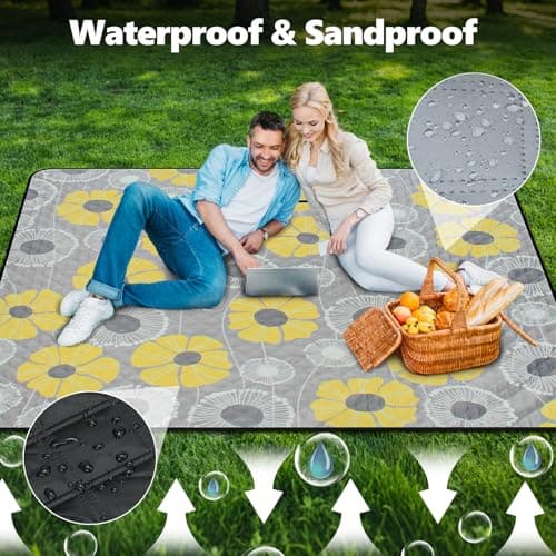 homchen Picnic Blanket, 200 x 200 cm Large Picnic Mat Machine Washable Foldable and Portable for Beach, Park, Camping, Outdoor, Party (Yellow) — view 5