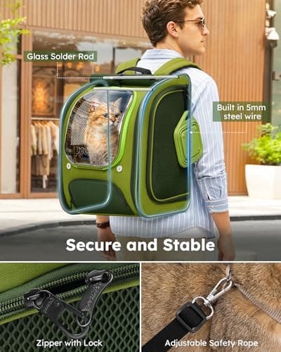 pecute Cat Backpack with Foldable Bowl, Bubble Cat Carrier, Green — view 3