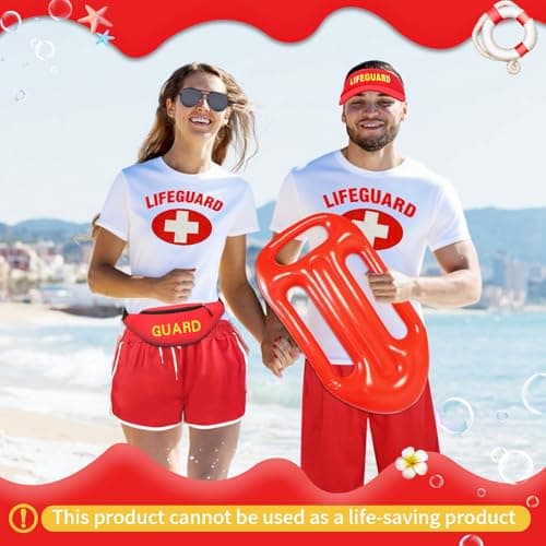 7 Pcs Life Guard Costume Set Guard Accessories Kit Include T-shirt Shorts Hat Fanny Pack Whistle Inflatable Float Prop Sunglasses Life Guard Fancy Dress for Men Women Halloween Cosplay Dress Up Party — view 6