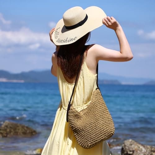 EVEOUT Women Straw Shoulder Bag with Leather Strap Summer Boho Faux Raffia Woven Tote Bag for Beach Holiday Travel — view 3