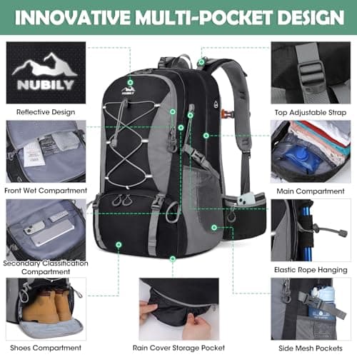NUBILY Hiking Backpack 50L Waterproof Camping Backpack with Large Shoes Compartment and Wet Pocket Rucksack for Men Women Camping Backpack Lightweight Travel Backpack for Outdoor Sports — view 3