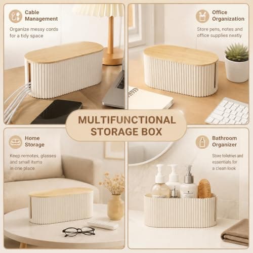 Velicber Cable Management Box Cable Tidy Box with Bamboo Lid 33x13x11 cm — view 5