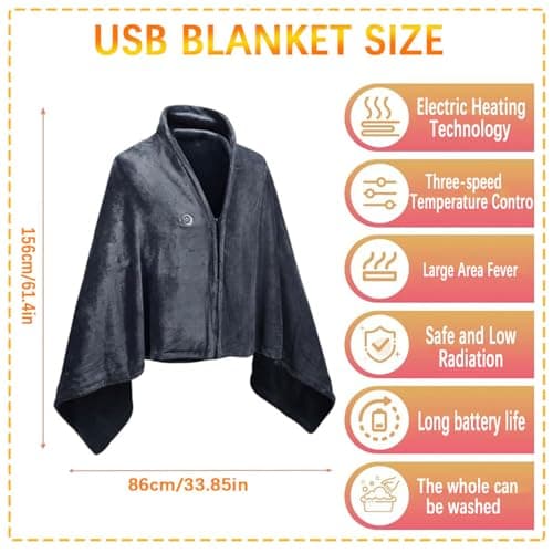 Atwnjkp USB Heated Blanket, Electric Blanket Throw with 3 Heating Levels & 9 Heating Zones, Portable Wearable Soft Flannel Heated Shawl for Home Office Couch Camping, Machine Washable, Black — view 2