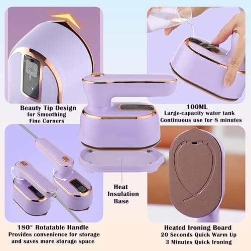 Loveächt Purple Travel Iron Steam Iron - 180° Rotating Foldable Handheld - Ceramic Soleplat - Portable Iron Steamer for Travel, Home — view 3