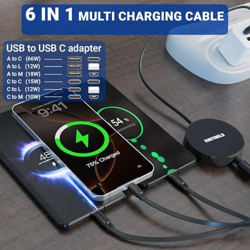 KINETIWELD 6-in-1 Multi Charger Cable with Aluminum Alloy Panel - 66W PD USB-C Fast Charger, CarPlay Enabled Data Sync Cable for Phone, Laptop, Tablet, and Car Use - Black — view 3