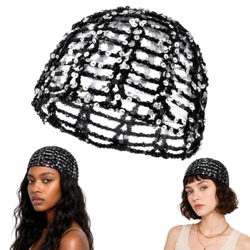 DVDVBOOM Women's Sequin Crochet Skull Cap Beanie Handmade (Black)