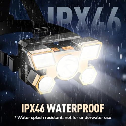 Head Torch Rechargeable, 9900L Super Bright Headlamp with 5 Lights 4 Modes, 800mAh Capacity, IPX46 Waterproof Adjustable Focus Headlight for Running, Hiking, Fishing (Gold) — view 2