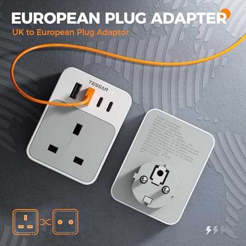 TESSAN UK to European Plug Adapter, Type E F Travel Adapter with USB C — view 2