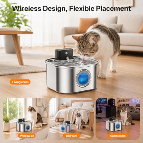 VinDox Wireless Cat Water Fountain for Drinking,108oz/3.2L 20dB Ultra-Quiet 4200mAh Battery Operated Stainless Steel with Motion Sensor for Cats & Dogs (6 Filters + 6 Sponges) — view 3
