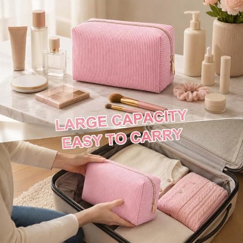 Soft Pink Corduroy Makeup Bag with Gold Metal Zipper for Cosmetic Storage in Travel, Vanity & Daily Commute - Portable Pouch Organiser for Women — view 6